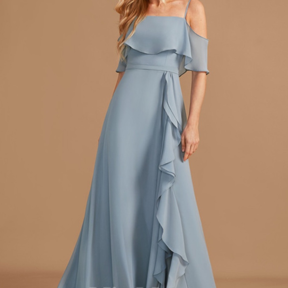 Beautiful dusty blue chiffon gown . Bust 32.5 waist 25.5”. Size 2